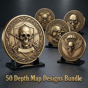 May include: A collection of five circular bronze-toned medallions featuring relief designs of skulls, military gear, and weapons. The front medallion displays a skull with crossed rifles and a shield. Text includes Memento Mori and Death From Above.