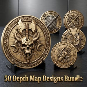 May include: A collection of five circular bronze-toned medallions displayed on black stands. The largest medallion features a horned skull with an axe, while others depict crossed swords, daggers, an open book, and a bow with arrows. Text reads 50 Depth Map Designs Bundle.