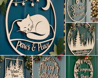 Christmas Door Hanger SVG Bundle, Round Wood Sign Laser Cut File, 6 Holiday Designs for Welcome Signs
