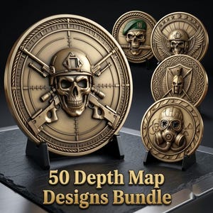 May include: A collection of circular bronze-toned medallions featuring relief designs of skulls in military gear, including helmets, gas masks, and crossed rifles. The text 50 Depth Map Designs Bundle is displayed in gold lettering at the bottom.