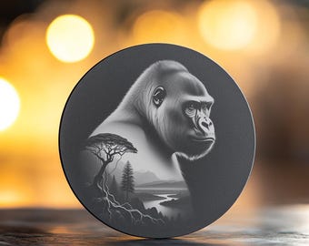 Engraved Slate Coaster Wildlife Art, Gorilla Double Exposure PNG, Artistic Home Decor, Animal Design for Laser Engravers