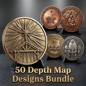 May include: A collection of five circular medallions featuring intricate relief carvings of nativity scenes, including a manger, the holy family, and wise men, displayed on black stands with the text 50 Depth Map Designs Bundle.