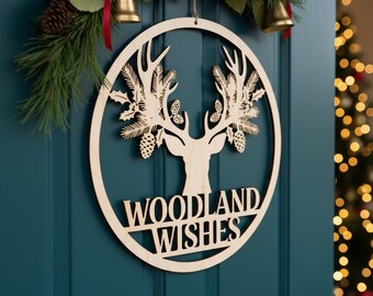 Weihnachten Türschild SVG, Laser geschnitten Datei Deer Silhouette Zeichen für festliche Urlaub Dekor