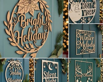 Weihnachten Türhänger SVG Bundle, 6 Laser Cut Dateien für Holzschilder, Feiertagsdesigns