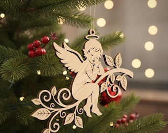 Angel Ornament SVG Christmas Laser Cut File, Floral Angel on a Branch Design, Religious Holiday Home Decor