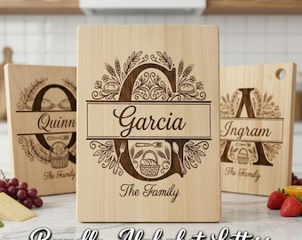 Cutting Board SVG, Engraving File Bundle With Custom Family Name, Homestead Bread Crest Alphabet Monogram For Chopping Boards