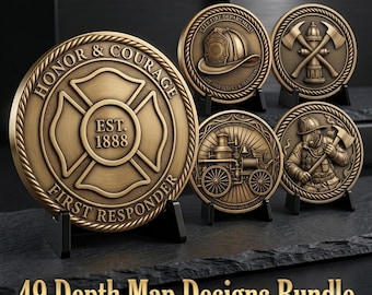 May include: A collection of five circular bronze-toned medallions featuring embossed firefighter imagery, including a Maltese cross with the text HONOR & COURAGE FIRST RESPONDER EST. 1888, a helmet, crossed axes with a hydrant, a vintage fire engine, and a firefighter.