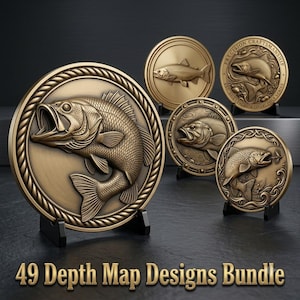 Könnte beinhalten: Eine Sammlung von vier runden, bronzefarbenen Medaillons mit Reliefs verschiedener Fische, darunter Barsche und Forellen, auf schwarzen Ständern. Der Text 49 Depth Map Designs Bundle ist am unteren Bildrand zu sehen.