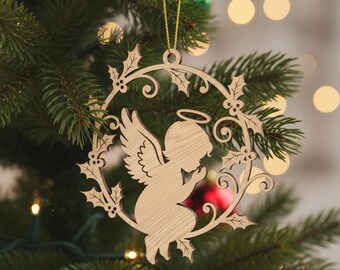 Angel Ornament Laser Cut File Christmas Angel in Holly Wreath SVG Holiday Digital Design