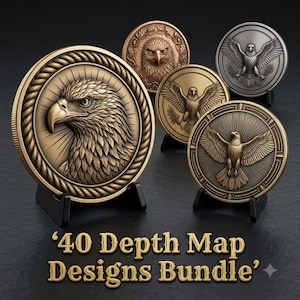 May include: A collection of circular medallions featuring eagle motifs in bronze, gold, and silver tones, displayed on black stands. The text '40 Depth Map Designs Bundle' is printed in gold at the bottom of the image, showcasing detailed relief carvings.