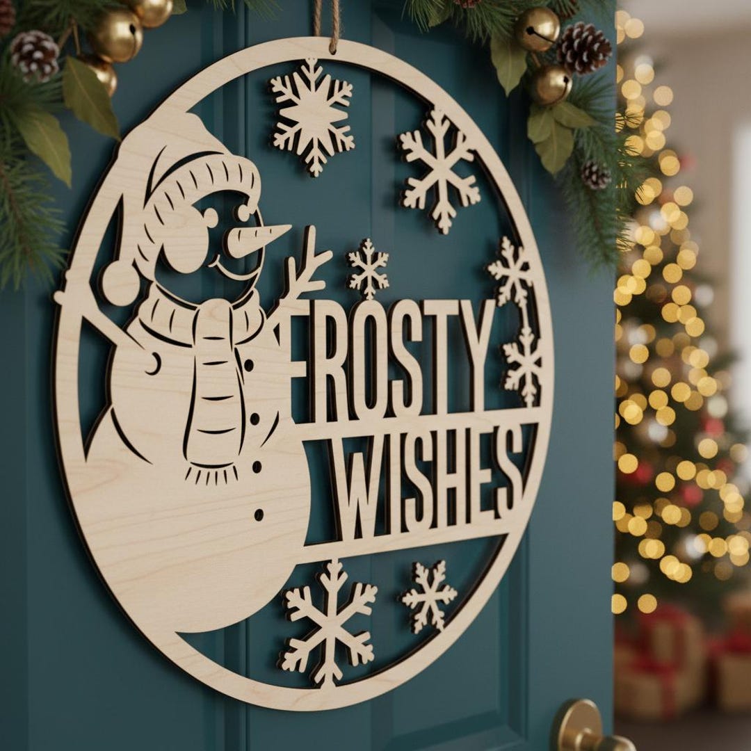 Snowman Door Hanger SVG Christmas Laser Cut File Frosty Wishes Round ...