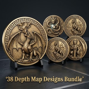 May include: A collection of five circular bronze-toned plaques featuring intricate relief carvings of dragons in various poses, each displayed on a small black stand. The text 38 Depth Map Designs Bundle is printed in gold at the bottom of the image.