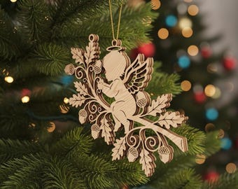 Angel Ornament SVG, Christmas Laser Cut File, Oak Branch Memorial CNC Design for Wood