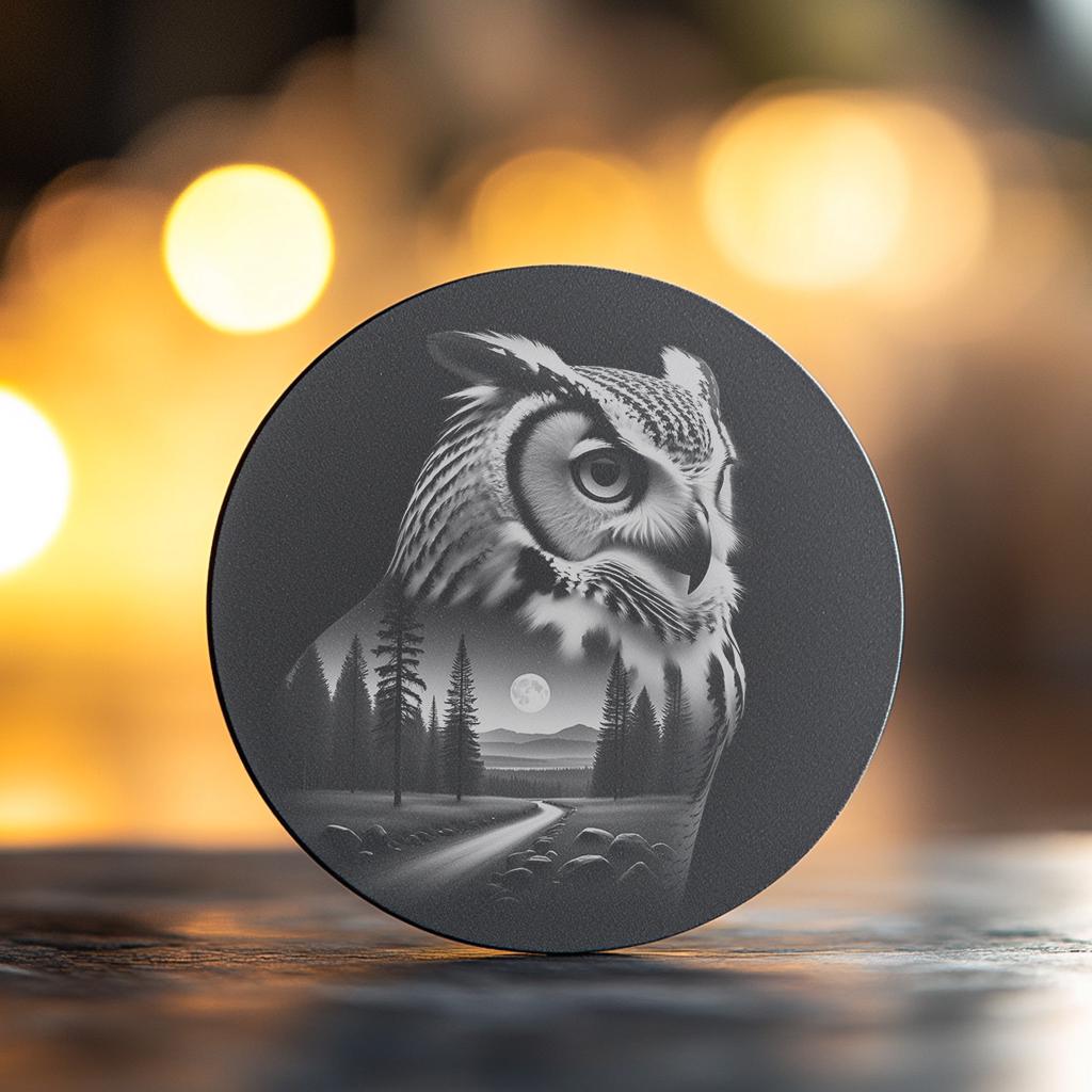 Owl Slate Coaster Png, Laser Engraving Design, Wild Animal Double Exposure, Unique Nature Decor, Dig