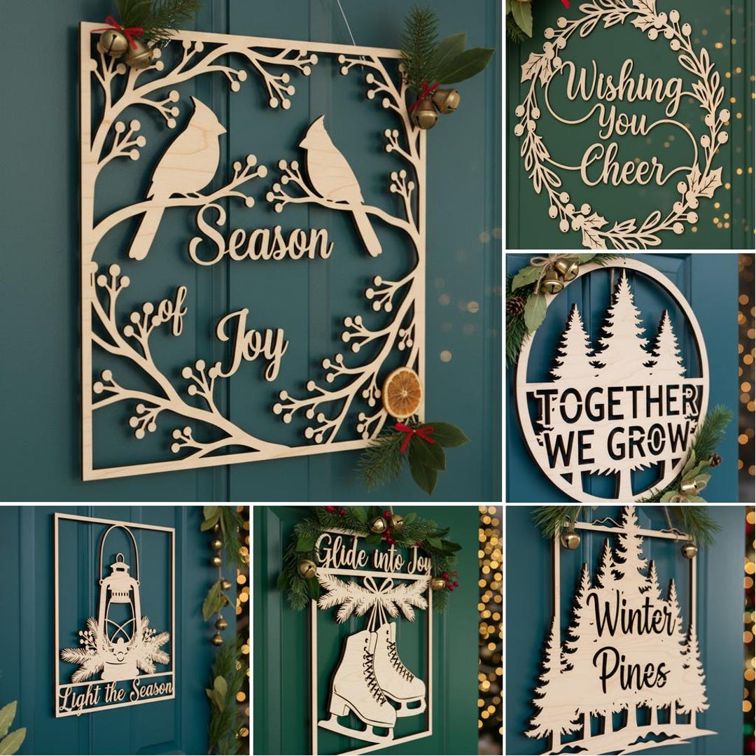 Christmas SVG Bundle Door Hanger, 6 Laser Cut Files for Wooden Signs ...