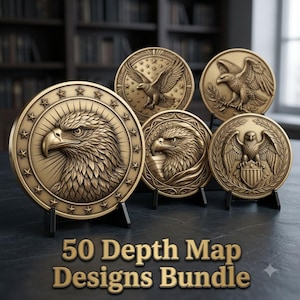 May include: Five circular bronze-toned medallions featuring relief carvings of eagles, stars, and shields, displayed on small black stands. The text 50 Depth Map Designs Bundle is printed in gold at the bottom of the image against a dark surface.
