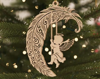 Christmas Angel SVG Laser Cut Ornament, Memorial Feather Art Digital CNC File