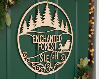 Christmas Door Hanger SVG Laser Cut File, Round Enchanted Forest Sleigh Design for Holiday Decor