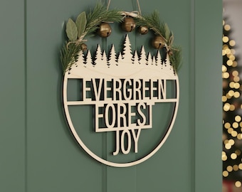 Christmas Door Hanger SVG, Round Sign Laser Cut File with Trees, Christmas Welcome Sign Digital Download