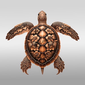 May include: A wooden turtle sculpture with intricate carvings of flowers on its shell. The turtle is painted in a copper tone and has a detailed design.