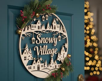 Christmas Door Hanger SVG Laser Cut File, Snowy Village Round Sign, Winter Holiday Digital Download