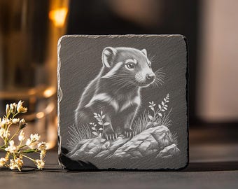 Weasel Slate Coaster Laser File, Engraved Decor PNG, DIY Engraving Gift Idea for Weasel Lovers