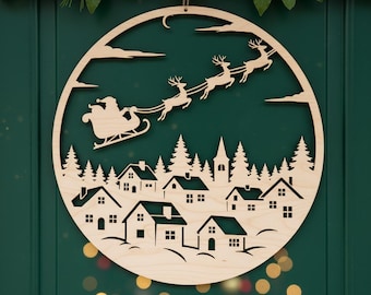Christmas Door Hanger SVG Laser Cut File, Santa Sleigh Over Snowy Village, Round Holiday Sign