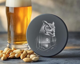 Laser-Gravurdatei Eulen-Design, Schieferuntersetzer PNG zum Gravieren, rustikales Natur-Kunst-Muster für DIY