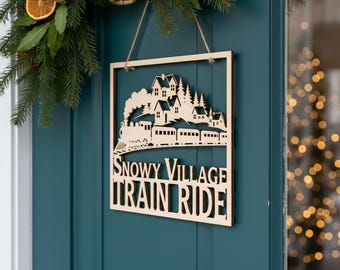 Christmas Door Hanger SVG, Snowy Village Train Laser Cut File for Round Signs