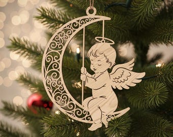 Angel Ornament SVG Christmas Laser File, Angel on Moon Design for Holiday and Memorial Decor, Digital Cut File