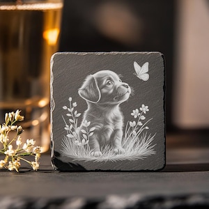 Slate Coaster Laser Engraving Files, 3D illusion, Adorable Dog | PNG File Download, Kitchen Decor, Lightburn, Glowforge and More #001
