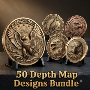 May include: A collection of five circular bronze-toned medallions featuring detailed eagle reliefs, displayed on black stands. The largest medallion shows an eagle with wings spread, while others depict eagle heads and profiles. Text reads 50 Depth Map Designs Bundle.