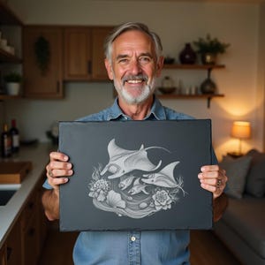 Puede incluir: Una tabla rectangular de pizarra gris oscuro con un diseño grabado de mantarrayas, flores y elementos acuáticos. La obra de arte monocromática es detallada y adecuada para la decoración de la cocina o para servir aperitivos.