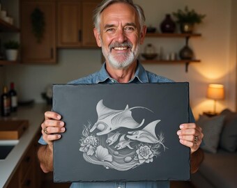 Manta Ray Laser Engraving SVG, Slate Cheese Board Design, Charcuterie Kitchen Decor, Engraved Board File