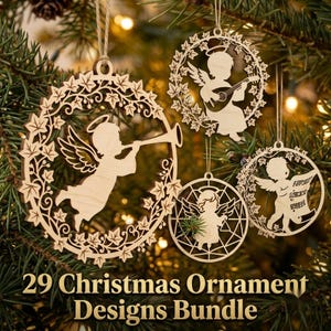 May include: Four circular wooden Christmas ornaments featuring laser-cut angel silhouettes surrounded by intricate ivy leaf patterns. One angel plays a trumpet, another a lute, one holds a songbook, and one stands within a geometric frame.