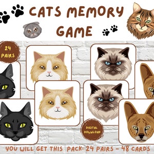 Juego de Memoria de Gatos. Juego de Atención. Actividad de Combinación. Imprimibles para niños. Imprimibles Gatos. Tarjetas Educativas
