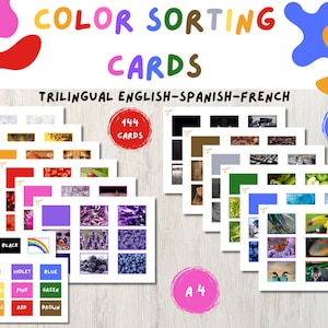 Tarjetas de Clasificación de Colores en tres Idiomas (inglés, español y francés). Tarjetas Didácticas de Colores. Tarjetas Montessori.
