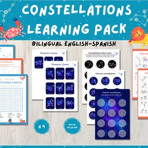 Constellations Educatief Activiteitenpakket Tweetalig (Engels en Spaans). Ruimteactiviteiten. Flashcards over sterrenbeelden. Sterren.