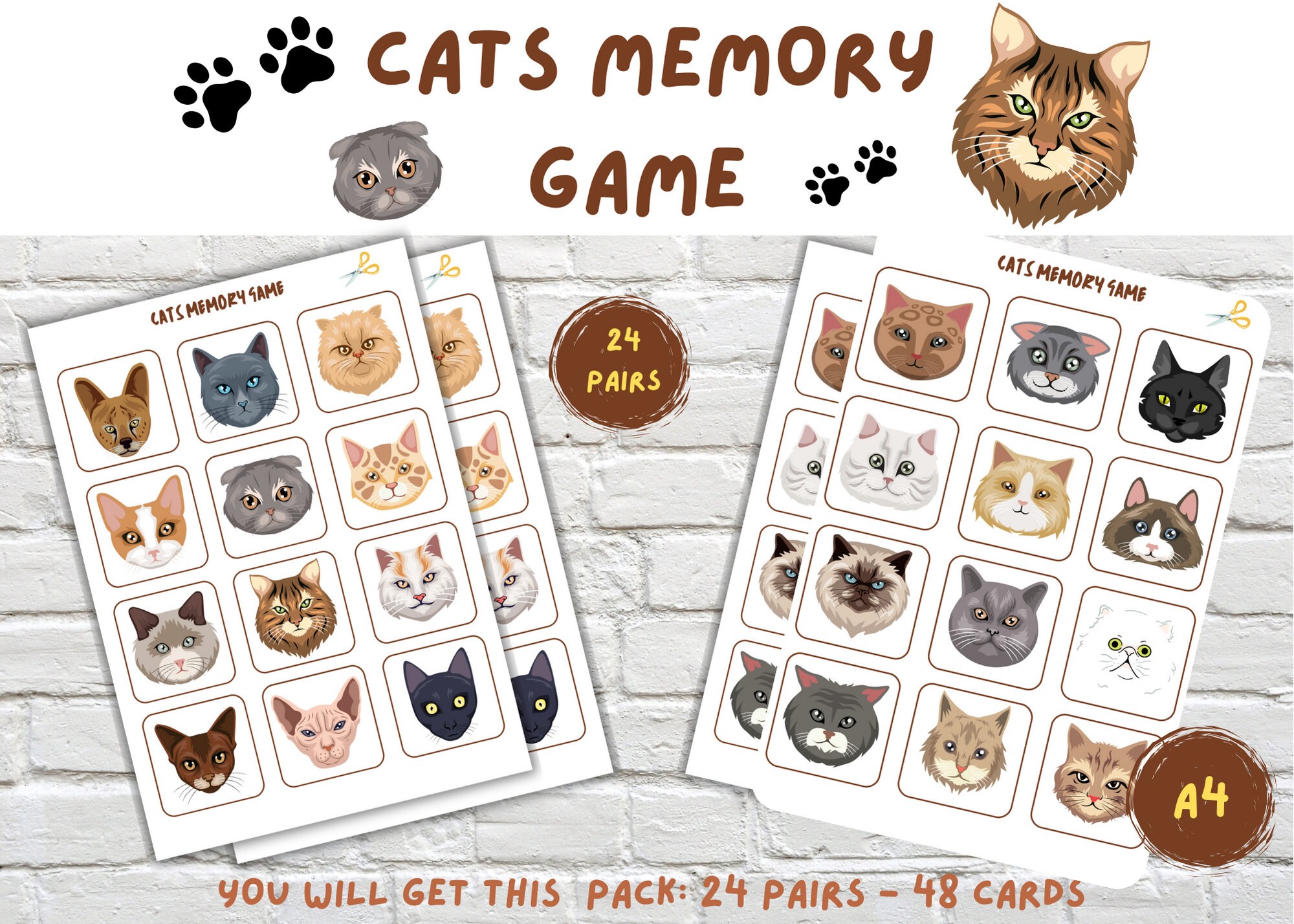 Cat Memory Game. Attention Game. Matching Activity. Printables for Kids ...
