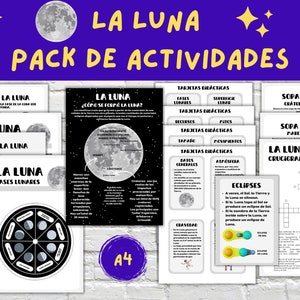 Puede incluir: Un conjunto de actividades educativas imprimibles para niños sobre la luna, con una ilustración en blanco y negro de la luna, un diagrama de las fases lunares y el texto "La Luna Pack de Actividades".