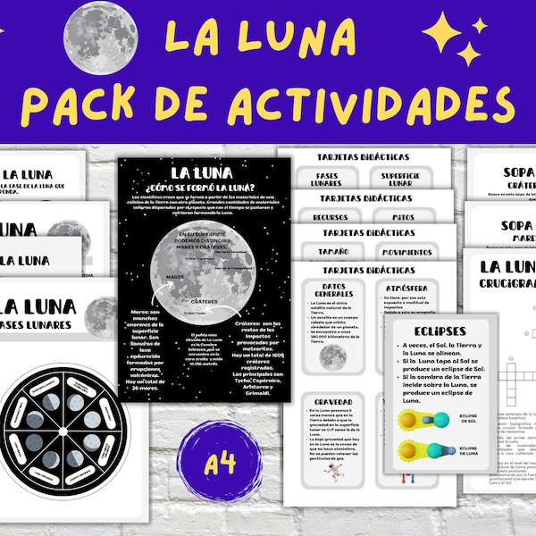Pack de Actividades la Luna. Imprimibles para Niños. Actividad Montessori. Educación en Casa. Sistema Solar. Tarjetas Didácticas Luna.