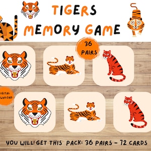 Tiger-Memory-Spiel (36 verschiedene Paare). Lernkarten zum Thema Tiere. Achtung Spiel. Druckbar für Kinder. Bildungsressource.