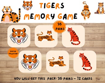 Jeu de mémoire Tigres (36 paires différentes). Cartes mémoire d'animaux. Jeu d'attention. Imprimable pour les enfants. Ressource pédagogique.