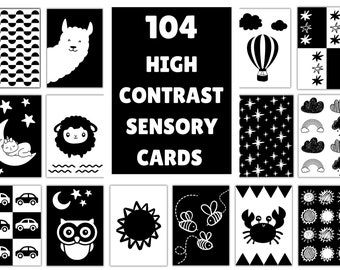 104 High Contrast Cards for Visual Stimulation for Babies. Visual Stimulation Cards for Newborns. Black and White Flashcards.