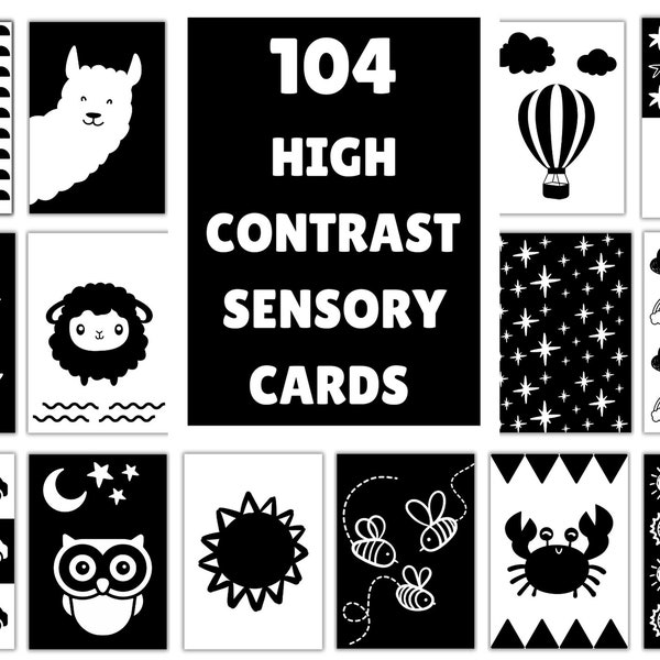 104 High Contrast Cards for Visual Stimulation for Babies. Newborn Visual Stimulation Cards. Flashcards in Black and White.