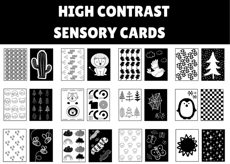 Conjunto de tarjetas de alto contraste en blanco y negro para estimulación visual de bebés.