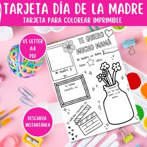 Tarjeta Felicitación Día de la Madre para Colorear Imprimible. Manualidad Día de la Madre. Tarjeta Personalizable. Regalo día de la Madre.