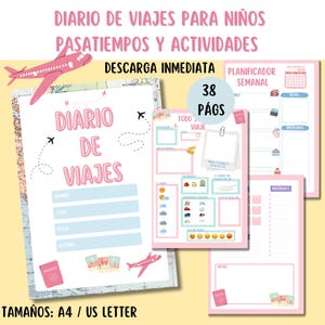 Könnte beinhalten: Ein rosa-blaues, druckbares Reisetagebuch für Kinder mit dem Titel "Diario de Viajes para Niños" und dem Text "Pasatiempos y Actividades". Das Tagebuch enthält einen Planer, eine Packliste und Platz für Notizen und Aktivitäten. Das Tagebuch ist in den Formaten A4 und US Letter erhältlich.