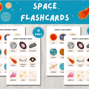 Ruimtegeheugenspel en bijpassende printbare kaarten. Ruimte-flashcards. Montessorikaarten. Ruimte-printables.