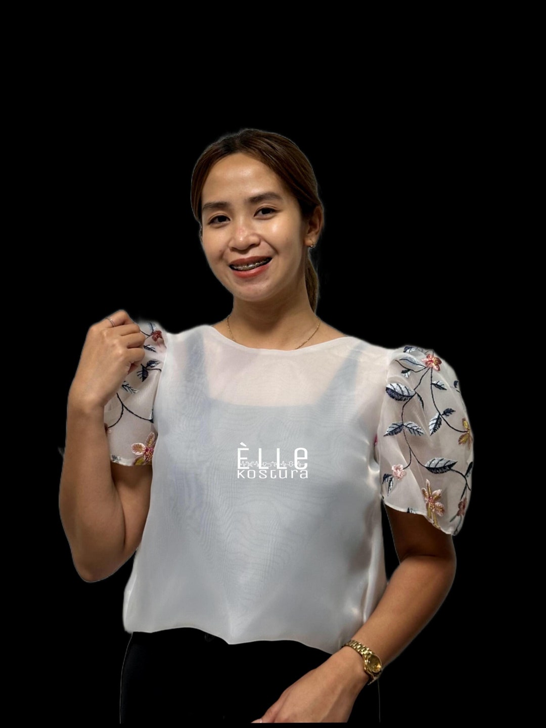 'Dahlia' Ribbon Tie-Up Modern Filipiniana Blouse (Cream)